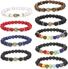 9Pcs Mens Beaded Bracelets Lava Rock Stone Beads for Women 8mm 7 Chakra Tiger Eye Stone Elastic Bracelets Anxiety Stress Relief Bracelets Aromath