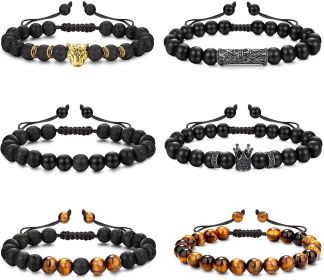 6Pcs Adjustable Lava Rock Stone Beads Bracelets for Men Women 8mm Black Matte Onyx Tiger Eye Natural Stone Black Essential Oil Diffuser Anxiety B