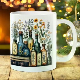 1pc Gothic Botanical Ceramic Mug 11oz - Vintage Herbal Art Print Coffee/Tea Cup - Durable Porcelain Drinkware for Home